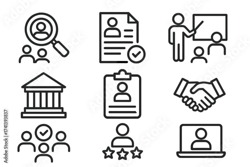 Hiring process line icons collection. Human resources, recruitment, job search concepts. Vector set with candidate selection, interview, training, resume, and employment symbols.