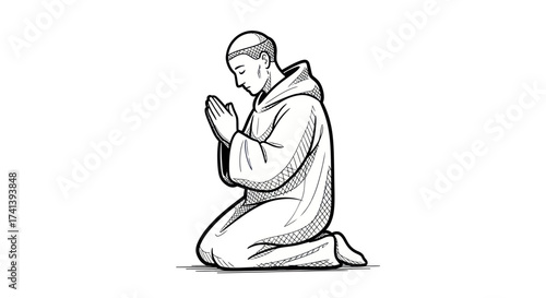 Monk kneeling in prayer black and white line art drawing.