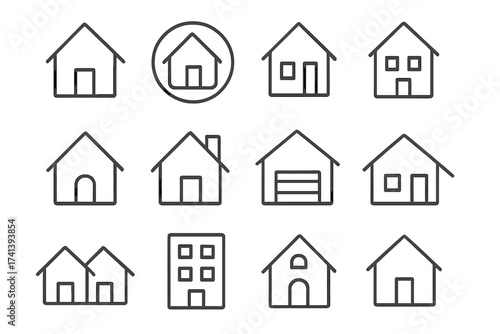 House icon set in thin line style. Home and real estate building symbol collection. Apartment, property, and residential building vector icons for web, app, or interface button.