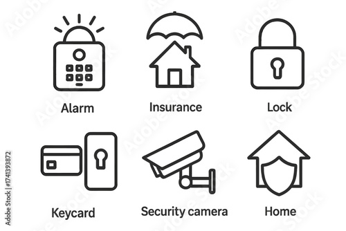 Home security icon set in line style. Vector collection of safety and protection symbols like alarm, insurance, lock, keycard, security camera for web and mobile design.