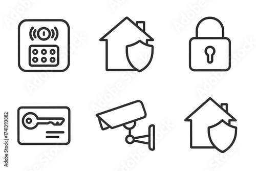 Home security line icon set. Vector symbols for alarm system, smart home protection, insurance, padlock lock, key card access, and CCTV surveillance camera illustration.