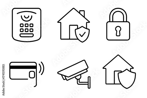 Home security system vector line icon set. Thin outline symbols for safety, property protection and insurance concepts. Includes alarm keypad, cctv camera, smart key card, padlock.