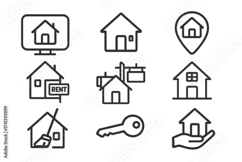 Real estate line icon set. Home web icons for property, rent, sale, and location. Includes house, key, cleaning service, and homepage vector symbols for buying a house.
