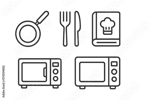 Cooking web icons in line style. Kitchen equipment set includes frying pan, fork, knife, recipe book, and microwave. Vector illustration for culinary blog or restaurant menu.