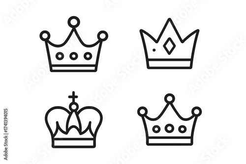 Crown line icon set. Royal king, queen, prince symbols. Luxury, majesty, and power concept. Heraldic logo elements. Monarch coronation vector illustration collection.