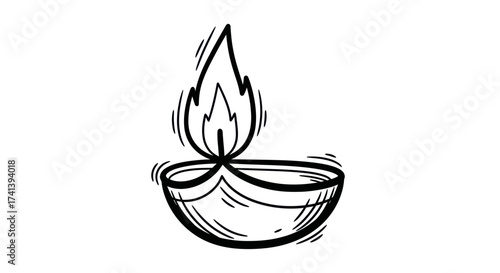 Hand-drawn Diwali Oil Lamp with Flame Illustration.