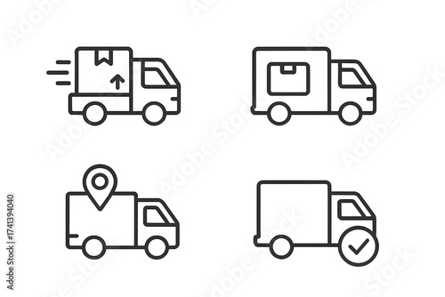 Delivery truck vector icon set in thin line style. Shipping, logistics and transportation symbols. Fast delivery, order tracking, package confirmed concepts for web and app.