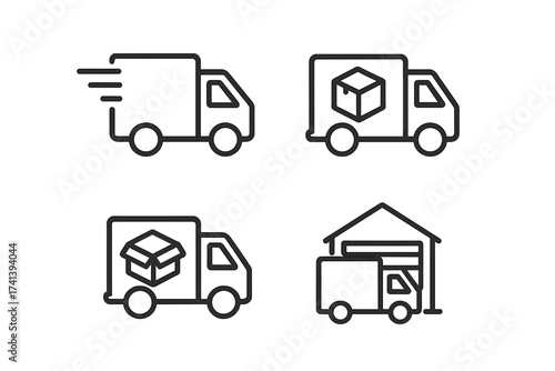 Delivery truck web icons in thin line style. Shipping, logistics, and warehouse collection. Fast transport service for packages and boxes. E-commerce and cargo concept vector set.