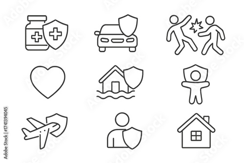 Insurance icon set in thin line style. Vector collection of symbols for web and mobile. Concepts of health, life, car, home, travel, accident, and property protection.