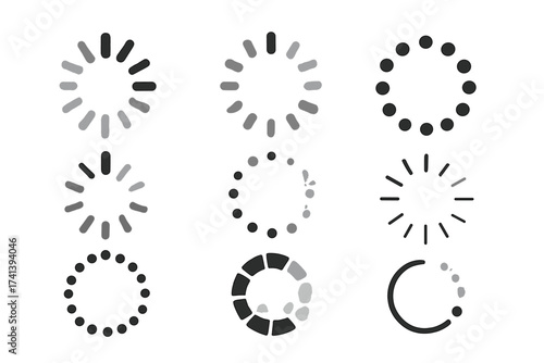 Loading icon set. Collection of simple buffer loader and preloader symbols. Vector circular progress indicators for web download or upload. UI and UX interface elements.