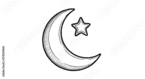 Hand-drawn Crescent Moon and Star Illustration.