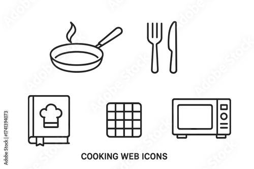 Cooking icon set. Kitchen line icons. Frying pan, fork, knife, cutlery, recipe book, cookbook, microwave, oven. Food preparation symbols. Culinary vector pictograms. Gastronomy.