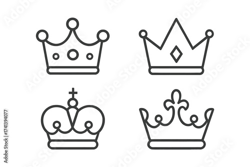Royal crown line icon pack. Set of simple vector outline symbols for king, queen, and prince. Noble monarchy heraldry element. Luxury jewelry logo for brand. Isolated illustration.