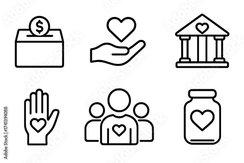 Donation and charity web icons in thin line style. Vector set for fundraising, nonprofit organization, volunteer community. Includes money box, giving hand, and support symbols.