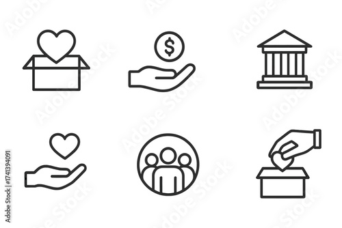 Donation and charity line icon set. Concepts of giving, help, support, and love. Volunteer, nonprofit, and fundraising symbols. Community, care, and money vector graphics.