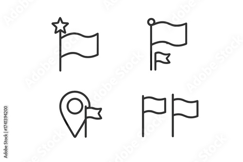 Line art flag icon set. Vector collection of location pin, winner, and destination marker symbols. Outline illustration of achievement, goal, and checkpoint for web and UI design.