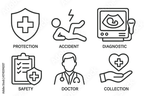 Health insurance line icon set. Medical care, protection, safety. Vector icons for web. Doctor, accident, diagnostic, ultrasound, policy. Healthcare and medicine pictogram collection.