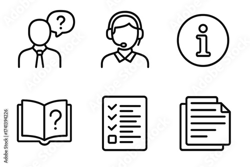 Help and support line icons set. Customer service thin line icon collection. FAQ, info center, online assistant, and guidance symbols. Vector outline pictograms for web and ui.