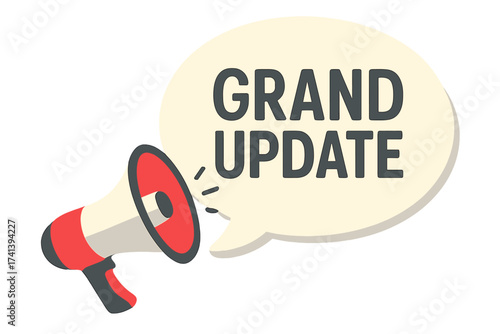 Megaphone with Grand Update speech bubble. Loudspeaker for business marketing and advertising announcement. Important news banner or communication symbol. Vector illustration concept.