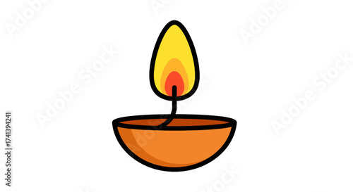 A lit diya a traditional Indian oil lamp with a bright flame.