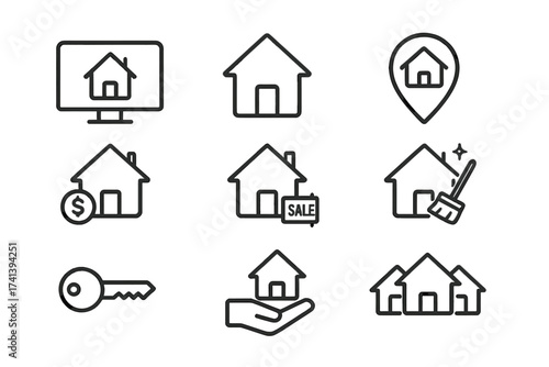 Real estate line icon set. Web icons for property business. House sale, rent, location pin, key, cleaning, mortgage, and neighborhood vector symbols for app and website design.