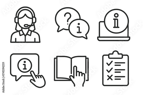 Help and support line icon set. Customer service, call center agent, FAQ, and online info center symbols. User manual, guide, instruction, and rules vector collection.