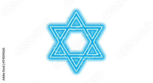 Glowing Blue Star of David Symbol on White Background.