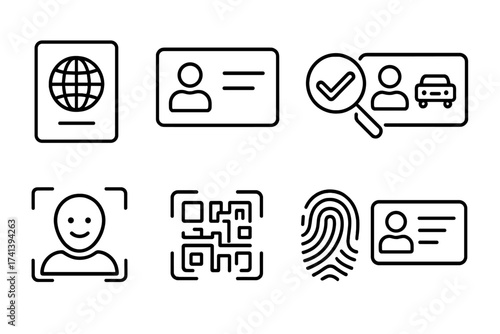 ID & verification line icon set. Personal identification symbols. Passport, driver license, biometric face ID scan & fingerprint recognition. QR code for secure authentication.