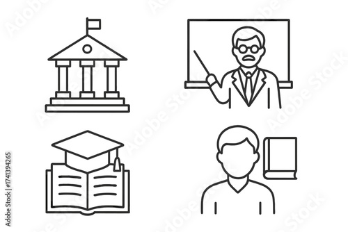 Higher education icon set. University, teaching, professor, study collection. Line art icons. School, college, learning. Graduation cap, student. Vector illustration.