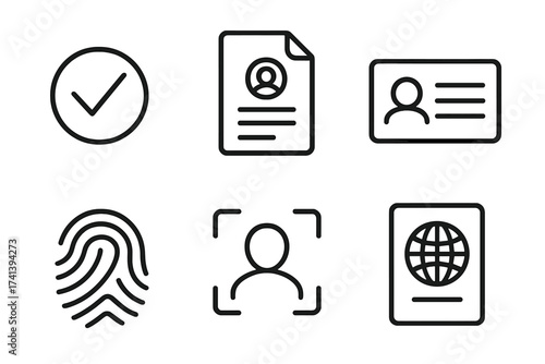 Personal data verification and security line icon set. ID card, passport, fingerprint and face recognition for identification and authentication. Vector illustration collection.