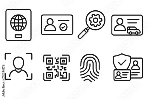 ID and verification line icon set. Icons for identity authentication, passport, driver's license, biometric fingerprint, face ID, and QR code for secure user access control.