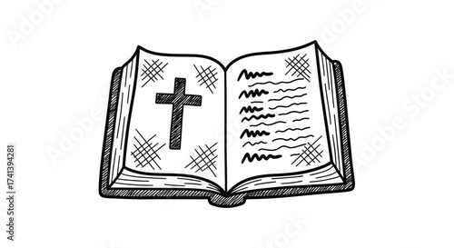 Open Bible with Cross Illustration Religious Symbol Black and White.