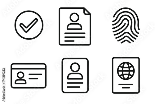 Identity verification and personal authentication icon set. Line art icons for security, access control, ID card, passport, document verification, and fingerprint scanning.