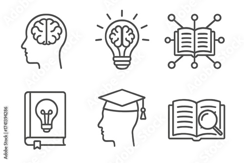 Knowledge line icon set. Intelligence, smart learning, education and study concept. Human head with brain, lightbulb idea, graduation cap, book research and information network.