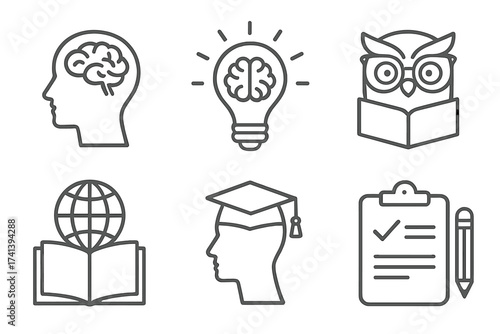 Knowledge and education line icon set. Intelligence, learning, study, wisdom concepts. Vector icons: brain in head, idea lightbulb, smart owl, graduation, global learning.