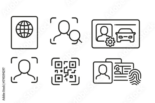 ID and verification line icon set. Identity authentication concepts. Passport, driver license, face ID recognition, QR code scan, and biometric fingerprint symbols vector pack.