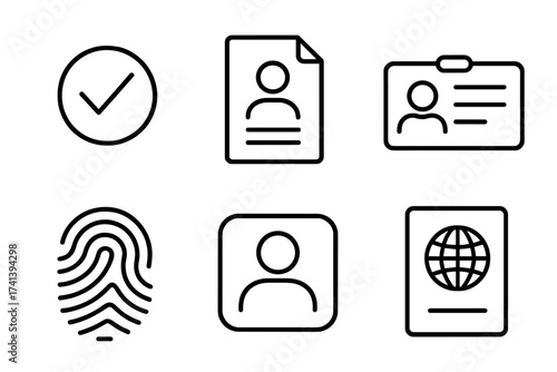 Identity verification line icon set. Personal identification and authentication symbols. Passport, ID card, fingerprint scan, document access and security web icons collection.