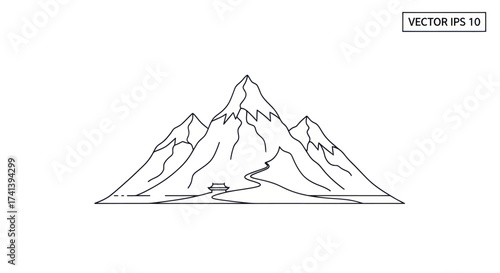 Hand-drawn outline illustration of majestic mountain range with snowy peaks and winding path.