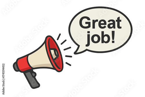 Megaphone with Great Job speech bubble. Loudspeaker for business announcement. Appreciation, recognition, positive feedback, praise, success, and achievement concept. Well done.