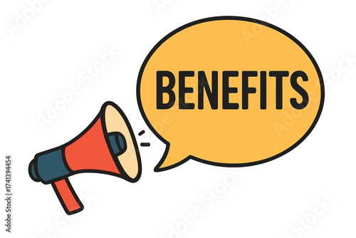 Megaphone with benefits speech bubble. Loudspeaker for business, marketing, and advertising. Announcing company perks and employee advantages. Promotion banner vector concept.