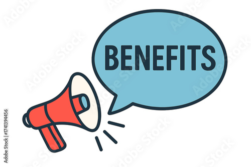 Megaphone with benefits speech bubble. Loudspeaker for business, marketing, advertising. Announcing advantages and features. Promotion and communication concept vector.