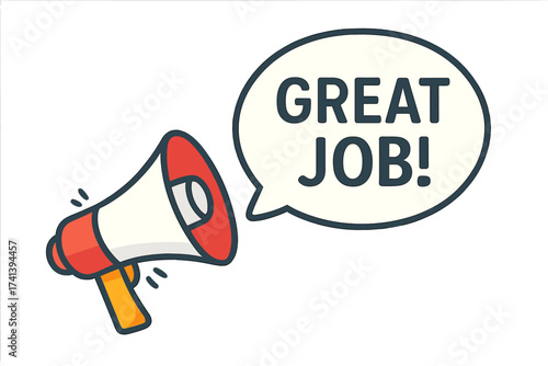 Great job praise concept. Megaphone with speech bubble. Employee recognition and appreciation. Positive feedback and motivation for success. Loudspeaker announcement icon.
