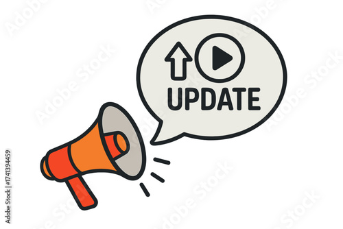 Update announcement with megaphone icon. Loudspeaker for business marketing and advertising. Speech bubble with new version notification. System upgrade and alert symbol vector.