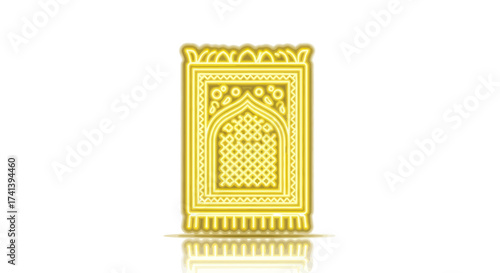 A golden yellow Islamic prayer rug icon with an ornamental arch design and tassels.