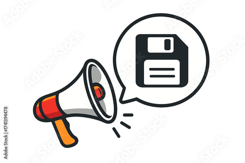 Megaphone with save icon speech bubble. Loudspeaker announcing data storage or backup. Business marketing, advertising banner. Alert, notification, information technology.
