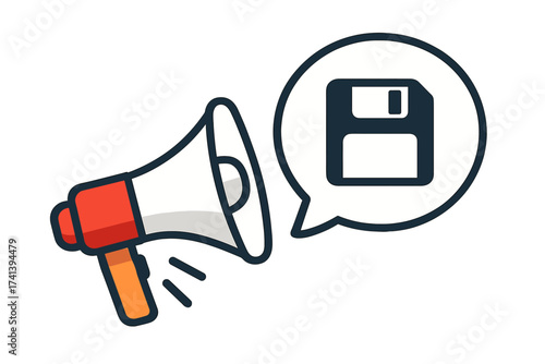 Megaphone with save floppy disk icon in speech bubble. Loudspeaker announcing data storage and backup. Concept for business marketing, technology communication, and advertising.