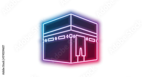 Glowing Neon Outline of Kaaba Sacred Islamic Building Icon.