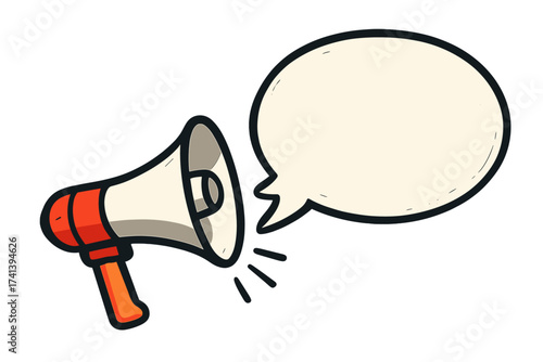 Megaphone announcement with speech bubble. Loudspeaker for business marketing, advertising. We are hiring banner. Recruitment job vacancy alert. Loud hailer message template.