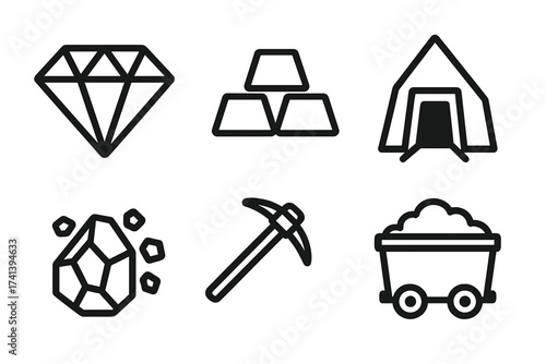 Mining icons set in thin line style. Collection of outline symbols for web and app design. Includes diamond, gold bars, mine entrance, ore, pickaxe, and coal wagon vector.
