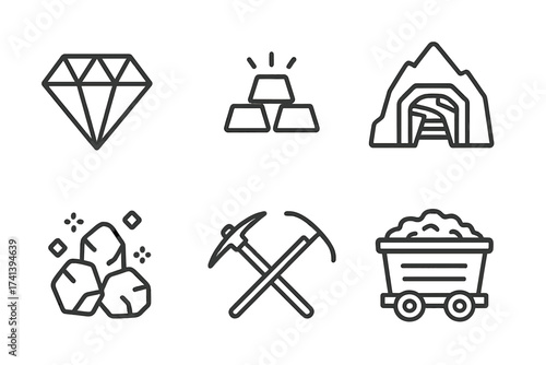 Mining industry line icon set. Diamond, gold bars, mine entrance, ore, pickaxe, and coal wagon. Vector symbols for excavation, resources, geology, and mineral extraction.